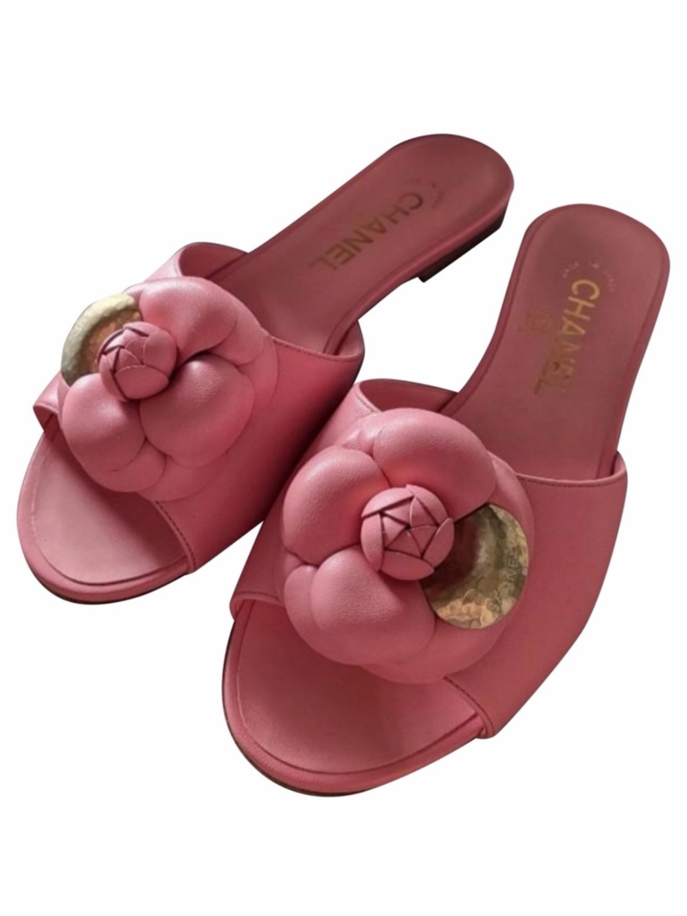 CHANEL Pink Leather Camellia Slide Sandals with Gold Accent